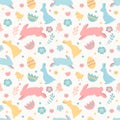 cute vector seamless pattern on Easter theme with hand drawn rabbits, chickens, flowers and colored eggs Royalty Free Stock Photo